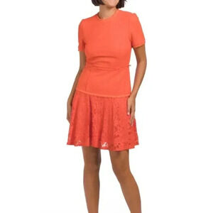 Boucle And Lace Midi Dress (Color: Tangerine)
